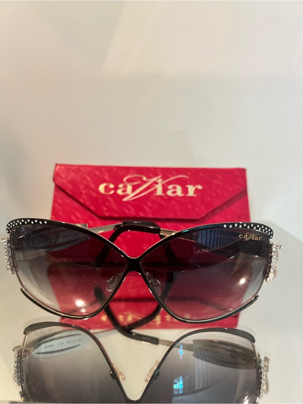 Caviar Women's Black Cat-Eye Sunglasses with Swarovski Crystal Side Accents
